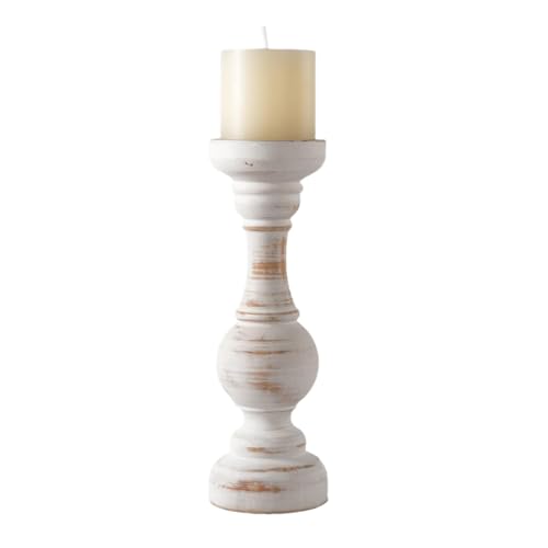 CedarLux Rustic Pillar Candle Holder, 11 Inch White Wooden Candlestick Holders, Farmhouse Candle Stands for Pillar Candle, Decorative Wood Candlestick Holders for Living Room, Table Centerpiece - size: 11"H