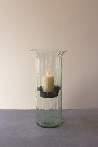 First of a Kind Large Glass Candle Holder - Hurricane Candle Holder with Rustic Insert, Mouthblown by Artisans in Colombia - Perfect for Home Decor, Centerpieces, Display with Personal Memorabilia - size: Large