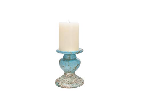 Creative Co-Op Small Distressed Blue Terracotta Pillar Candle Holder - color: Blue, size: 4.5" W x 5.25" H