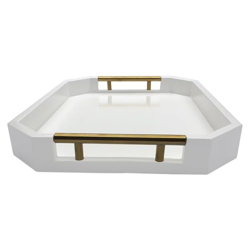 Serving Tray with Polished Metal Handles, Hexagon Coffee Table Tray, Modern Rectangle Decorative Tray, Large Ottoman Tray, Perfect for Storage and Display (White Rectangle) - color: White Rectangle