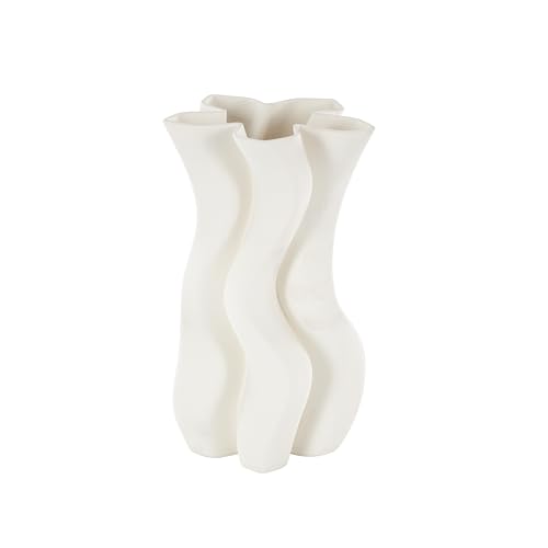 Deco 79 Ceramic Abstract Decorative Vase Ribbed Dimensional Wavy Centerpiece Vase with Floral Shaped Rim, Flower Vase for Home Decoration 5" x 6" x 10", White - color: White, size: 5" x 6" x 10"