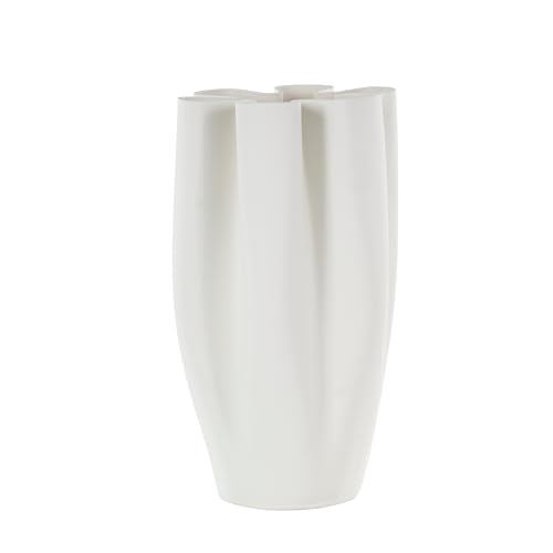White Ceramic Ribbed Dimensional Folded Abstract Decorative Vase with Floral Shaped Rim