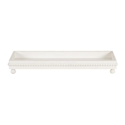 Kate and Laurel Strahm Rectangle Wooden Beaded Display Tray, 10 x 24, White, Lightly Distressed Wood Decorative Footed Tray for Use as Useful Ottoman Tray or Kitchen Serving Tray