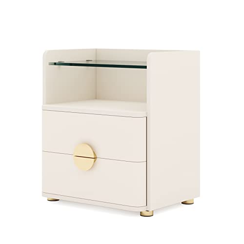 Tribesigns Nightstands, 2-Drawer Modern Night Stand with Open Storage Space, Wood Bed Side Table for Bedroom, Tempered Glasses End Table with Gold Round Metal Legs for Living Room, Easy Assembly