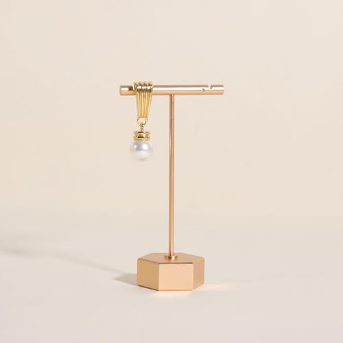 Golden earring display stand for selling, Metal earring T bar holder for show, Jewelry earring storage organizer, jewelry photography props (Hexagon base-Golden-Low) - color: Gold, size: Low