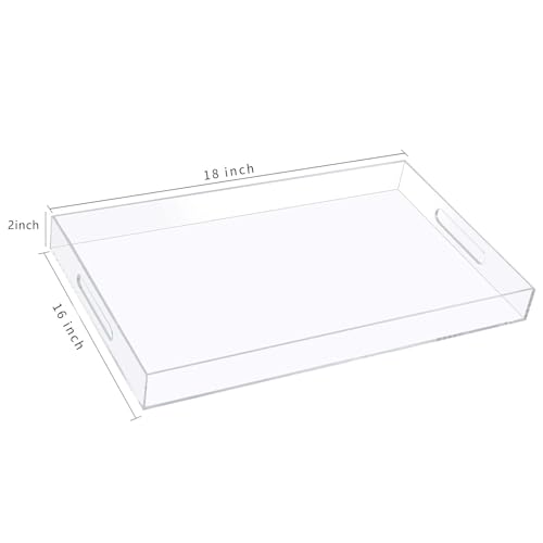 18×16 Inch Clear Acrylic Serving Tray with Handles Extra Large Ottoman Tray Decorative Tray Spill-Proof Coffee Table Space Saver Oversize Counter top Organizer Platter with Safe Edge - color: Clear, size: 18" x 16" x 2"