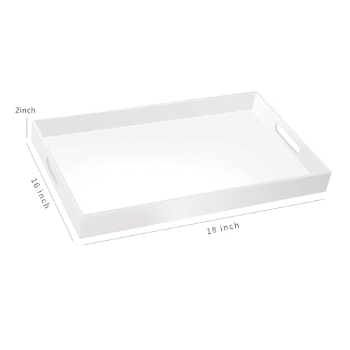 18×16 Inch Glossy White Acrylic Serving Tray with Handles Extra Large Ottoman Tray Decorative Tray Spill-Proof Coffee Table Space Saver Oversize Counter top Organizer Platter with Safe Edge - color: Glossy White, size: 18" x 16" x 2"