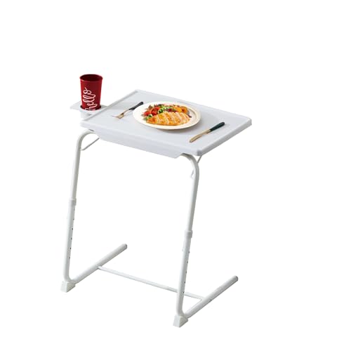 Rubypin Multifunctional TV Tray Table – Adjustable Folding Table for Bed & Sofa with Cup Holder, 6 Height Settings & 3 Tilt Angles (White)