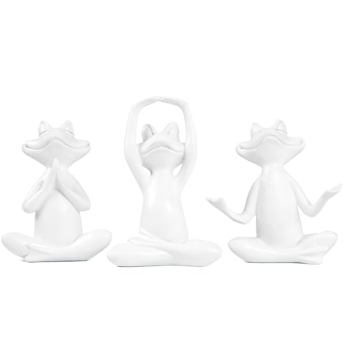 Suoedd White Frog Figurines Yoga Decor Set of 3 –Frog Yoga Statues for Modern Living Room Table Office Bookshelf Shelves Home Sculptures Decor - color: White Frog-3