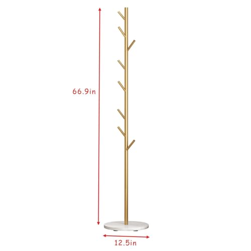 Gold Coat Rack Freestanding, Metal Coat Tree with Marble Base, Coat Rack Stand with 8 Hooks, Entryway Coat Stand for Hanging Clothes, Hats, Bags - size: 67in-bra