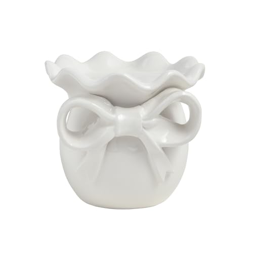 Mud Pie Ceramic Small Bow Pillar Ceramic Holder - size: 4 1/4" x 4 3/4" dia
