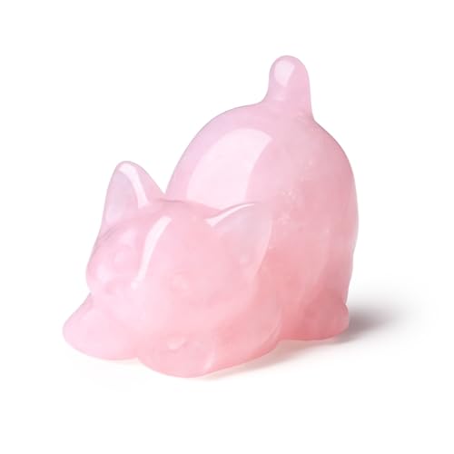 Rose Quartz 2" Cat Crystal Statue Figurines Sculpture Pink Office Home Room Decor for Healing Crystals Lazy Cute Carved Spiritual Natural Gemstones Cat Lover Gifts for Mother Women Lovers - color: Pink-rose