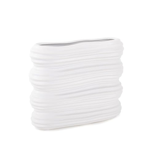 Howard Elliott Collection Hirst White Ceramic Vase with Ripple Texture, Modern Abstract Decorative Flower Vase for Weddings, Floral Arrangements and Home Decor, Small Size, 8 x 8 x 6.5 Inch - size: 6.5"L x 8"W