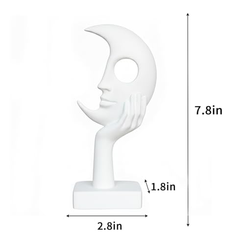 White Abstract Face Sculpture, Modern Art Decor, Hand on Chin Design, Tabletop Statue with Base - color: White, size: Small