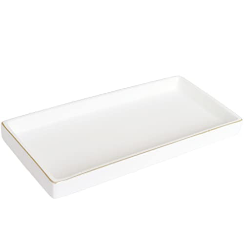 10 x 5 Ceramic Bathroom Tray for Countertop, Decorative Vanity Tray for Dresser Tops, Small Rectangular Trays for Perfume, Candle, Jewelry, Cosmetics (White) - color: White