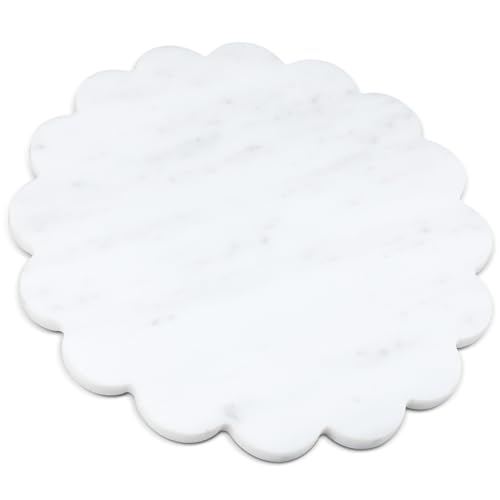 Newtay 12 Inches Marble Cutting Board Round Marble Tray White Scalloped Board with Non Slip Decorative Pastry Tray for Kitchen Pizza Cake Bread Baking Cheese Display