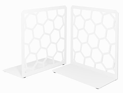 GEOMOD Geometric Honeycomb White Metal Bookends Decorative - Tall Sturdy Book Ends for Shelves - Modern Heavy Duty Bookend Stopper - Office or Home Book Shelf Book Holder - 6x3.25x6.25 Inches - 1 Pair - color: White, size: 1 Pair, style: Honeycomb