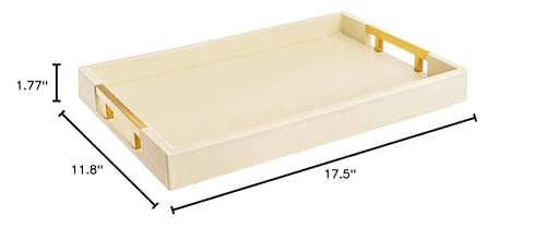 Modern Elegant 17.5”x12” Rectangle Cream Rectangle Shagreen Faux Leather Decorative Tray Ottoman Tray Coffee Table Perfume Living Room Kitchen Serving Tray with Gold Polished Metal Handles. - color: Cream/Gold