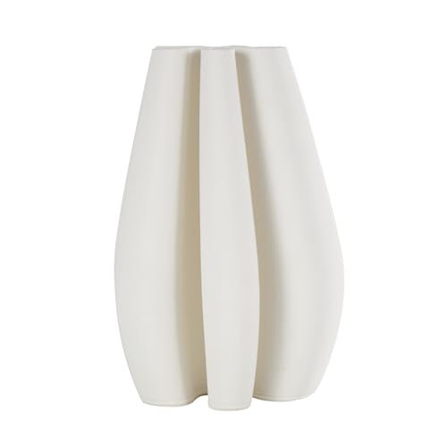 Deco 79 Ceramic Abstract Decorative Vase Ribbed Dimensional Concaved Centerpiece Vase with Floral Shaped Rim, Flower Vase for Home Decoration 6" x 5" x 9", White - color: White, size: 6" x 5" x 9"