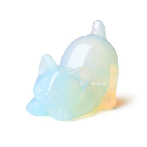2" Opal Opalite Cat Figurine Decor Crystal Statue Stone Carved Figurines for Lazy Cat Healing Crystals Spiritual Sculpture Desk Office Room Home Lucky Kitten Gifts for Cat Lovers Women Men - color: White-opalite