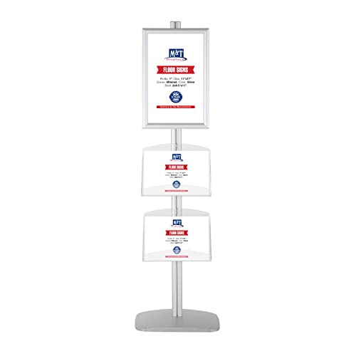 M&T Displays Free Standing Aluminum Display Stand Single Sided Document Brochure Sign Holder Front Loading Portrait Landscape Silver Snap Frame 1x(11x17) and 2 pcs Clear Acrylic Shelf 2x(8.5x11) Inch - color: Silver
