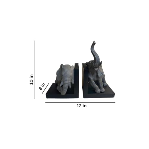 Comfy Hour 12" Gray and Black Elephant Figurine Style Bookends, Rustic Antique Vintage Elephant Statue Home Decor, Heavy Duty Animal Book Stoppers Duo, 1 Pair