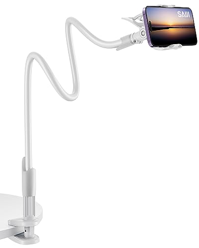 SAIJI Gooseneck Cell Phone Holder, Clamp Universal Lazy Mount Clip Hands Free Flexible Long Arm Bracket Grip for 4-7 Phones Mobile Stand Baby Monitor for Desk, Bed, Office, Kitchen (White) - color: White, size: 33.5 in