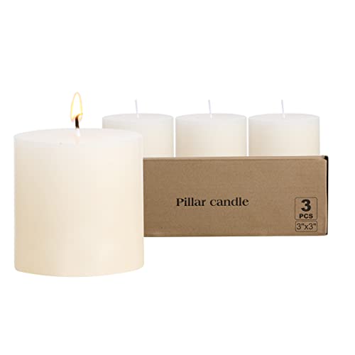 3×3 Ivory Pillar Candles Set of 3 Unscented Handpoured Weddings, Home Decoration, Restaurants, Spa, Church Smokeless Cotton Wick - Ivory 90 Hour - size: 3×3 ivroy