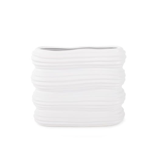 Howard Elliott Collection Hirst White Ceramic Vase with Ripple Texture, Modern Abstract Decorative Flower Vase for Weddings, Floral Arrangements and Home Decor, Small Size, 8 x 8 x 6.5 Inch - size: 6.5"L x 8"W