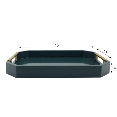Serving Tray with Polished Metal Handles, Hexagon Coffee Table Tray, Modern Rectangle Decorative Tray, Large Ottoman Tray, Perfect for Storage and Display (Teal Rectangle) - color: Teal Rectangle