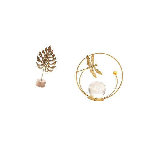 Fenteer Leaf Sculpture Metal Leaf Statue Art Figurine Crystal Ball Ornament Iron with Wood Base Elegant Decoration Suitable for Bedroom Living Room Office GIF