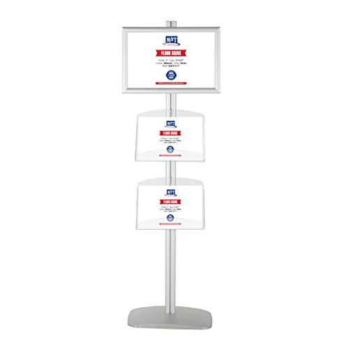 M&T Displays Free Standing Aluminum Display Stand Single Sided Document Brochure Sign Holder Front Loading Portrait Landscape Silver Snap Frame 1x(11x17) and 2 pcs Clear Acrylic Shelf 2x(8.5x11) Inch - color: Silver