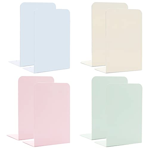 Metal Bookends,4 Pairs/8 Pieces Heavy Duty Bookends for Shelves Heavy Books, Anti-Slip Design Book Stopper for Magazines, DVDs, Kids, Girls(8 x 5.3 x 4 inches)