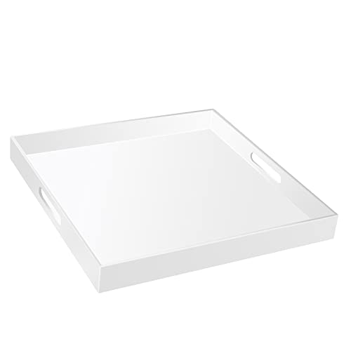 18×18 Inch Golssy White Acrylic Serving Tray with Handles Extra Large Ottoman Tray Decorative Tray Spill-Proof Coffee Table Space Saver Oversize Counter top Organizer Platter with Safe Edge - color: Glossy White, size: 18" x 18" x 2"