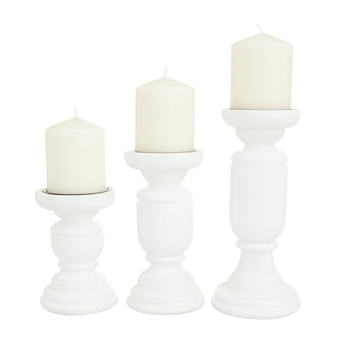 Deco 79 Mango Wood Turned Style Pillar Candle Holder, Set of 3 10", 8", 6"H, White - color: White, size: 3 PIECES SMALL SIZE