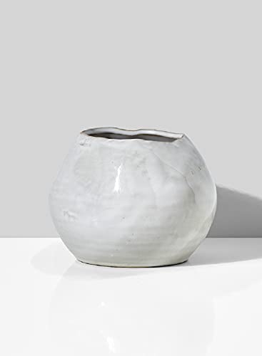 Serene Spaces Living Glazed Ceramic Fishbowl Vase- Centerpiece for Vintage Weddings, Events, Measures 4" Tall and 5" Diameter - color: White