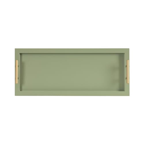 Kate and Laurel Halsey Rectangle Decorative Narrow Tray with Gold Metal Handles; 24 x 10; Green and Gold; Modern Glam Slim Serving Tray with Handles for Living Room Decor