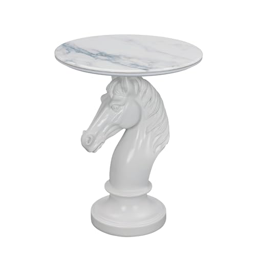 Modern Accent Table Living Room Horse Statue White Contemporary‌ Faux Marble Night Stand Side Table with Horse Head Base Reception Area & Bedroom（Width 19.69" ——Tall 24.8"） - style: White horsehead table