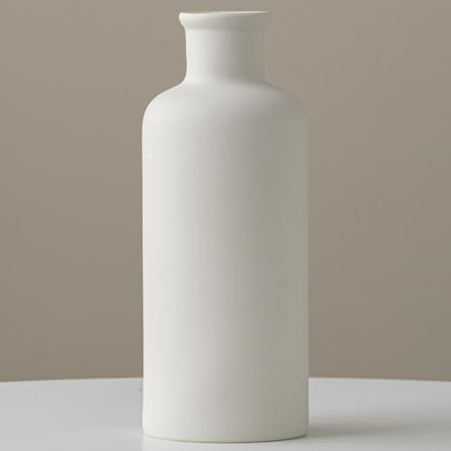 White Ribbed Ceramic Vase for Flowers, Modern Textured Decorative Vase, 10 Inch Tall, Farmhouse Style Home Decor (Nature White) - color: Nature White