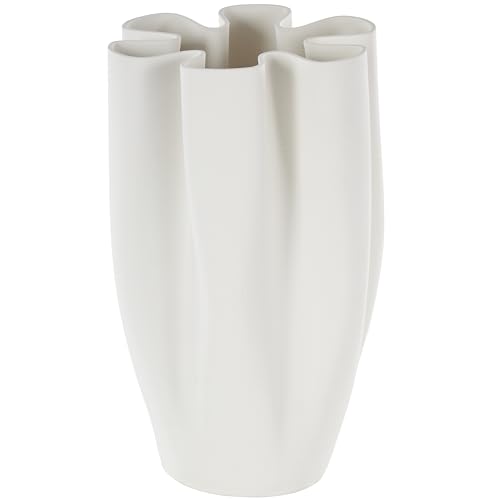 Deco 79 Ceramic Abstract Decorative Vase Ribbed Dimensional Folded Centerpiece Vase with Floral Shaped Rim, Flower Vase for Home Decoration 8" x 7" x 13", White - color: White, size: 8" x 7" x 13"