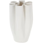 White Ceramic Ribbed Dimensional Folded Abstract Decorative Vase with Floral Shaped Rim