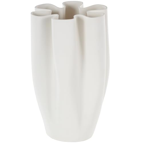 White Ceramic Ribbed Dimensional Folded Abstract Decorative Vase with Floral Shaped Rim