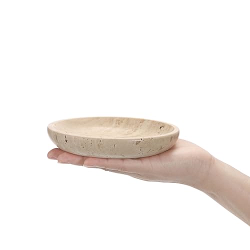 Hipiwe Small Key Bowl for Entryway, 5.5" Round Decorative Ring Holder Dish Natural Travertine Stone Trinket Tray Jewelry Dish Plate Candle Tray for Earring Necklaces Home Decor - color: Beige, size: 5.5"