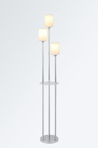Floor Lamps for Living Room, 3-Lights Modern Floor Lamp with Shelves, Chrome Standing Lamp with Fabric Shade and Foot Switch, Shelf Standing Lamps with Table, Tall Lamps for Bedroom Office - style: Chrome-Fabric Shade