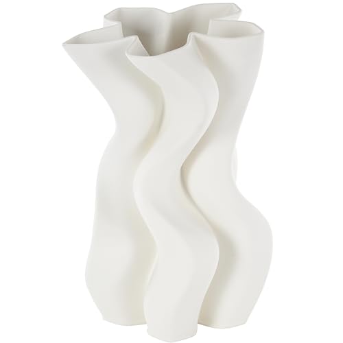 Deco 79 Ceramic Abstract Decorative Vase Ribbed Dimensional Wavy Centerpiece Vase with Floral Shaped Rim, Flower Vase for Home Decoration 8" x 8" x 13", White - color: White, size: 8" x 8" x 13"