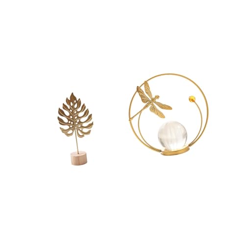 Fenteer Leaf Sculpture Metal Leaf Statue Art Figurine Crystal Ball Ornament Iron with Wood Base Elegant Decoration Suitable for Bedroom Living Room Office GIF