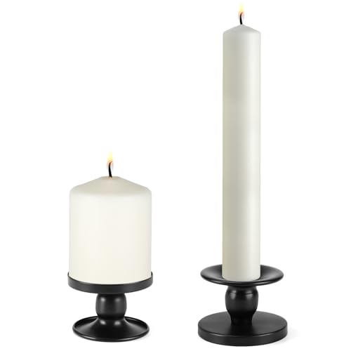 QWORK Black Metal Candle Holders for Pillar & Taper Candles, Set of 2 Small Candle Stick Holders