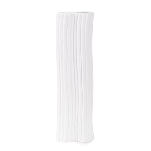 Howard Elliott Collection Hirst Ceramic Vase, White Ripple Texture Modern Abstract Decorative Flower Vase for Weddings, Floral Arrangements, Living Room & Home Decor, 4.75 x 4.75 x 15.75 Inch - size: 15.8"L x 4.8"W