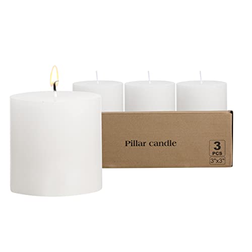 3×3 White Pillar Candles Set of 3 Unscented Handpoured Weddings, Home Decoration, Restaurants, Spa, Church Smokeless Cotton Wick 90 Hour - size: 3×3 white