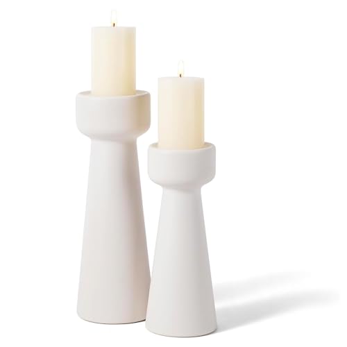 Set of 2 White Ceramic Taper Candle Holders, Matte Decorative Candlestick Holders in Small & Large Sizes for Home Decor, Dining Table, Weddings, Parties, and Aromatherapy